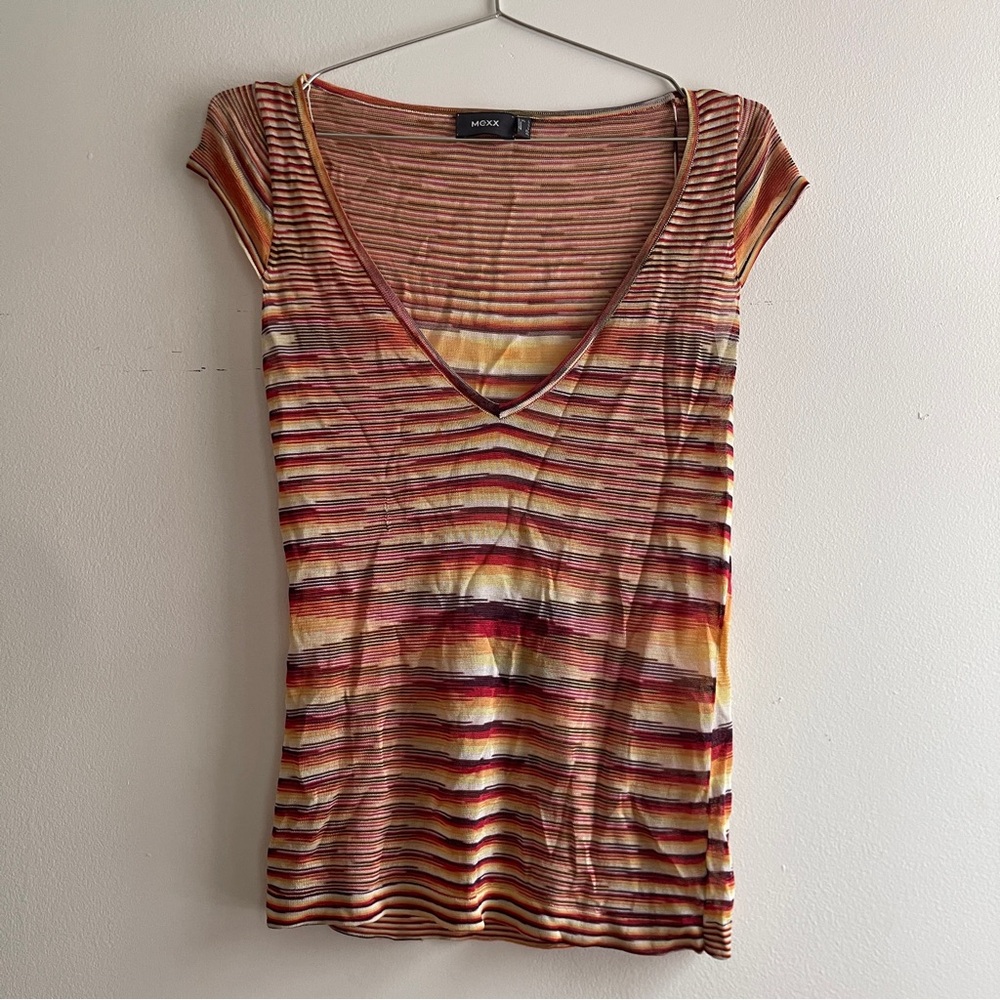 Sheer Knit Cap-sleeve Deep V-neck tee with orange, red, and yellow stripes